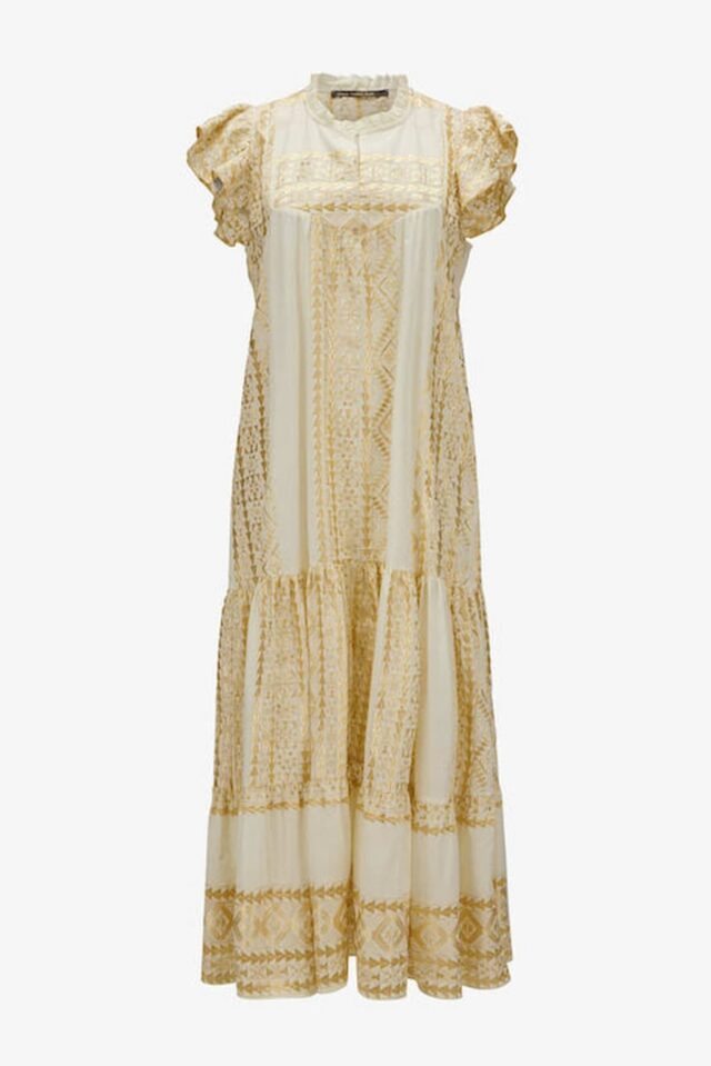 Greek Archaic Kori Φόρεμα Μακρύ με Βολάν Άσπρο χρυσό