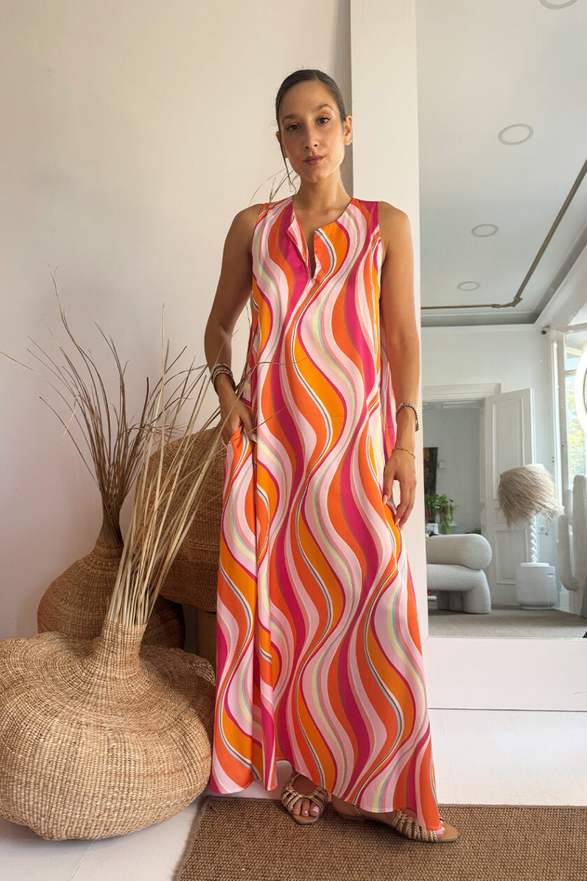 Nema Sleeveless Satin Kaftan Fuxia/Orange