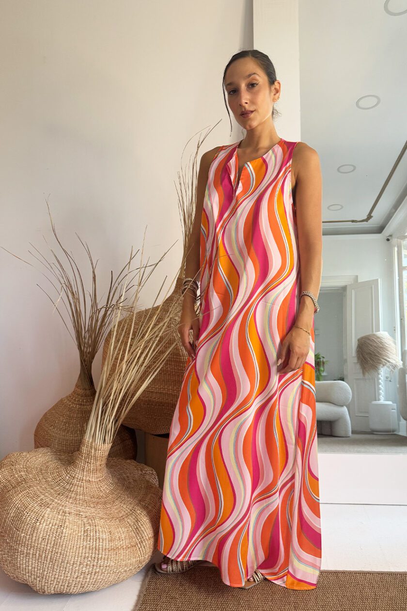 Nema Sleeveless Satin Kaftan Fuxia/Orange - Image 2