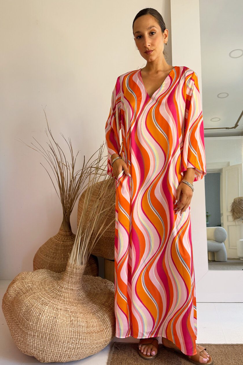 Nema Satin Kaftan Long Sleeve Fuxia Orange