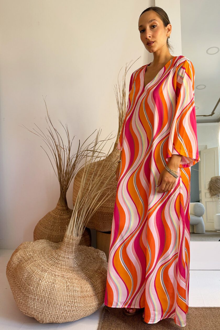 Nema Satin Kaftan Long Sleeve Fuxia Orange - Image 3