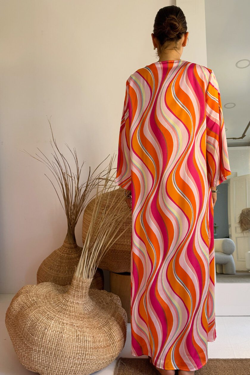 Nema Satin Kaftan Long Sleeve Fuxia Orange - Image 2