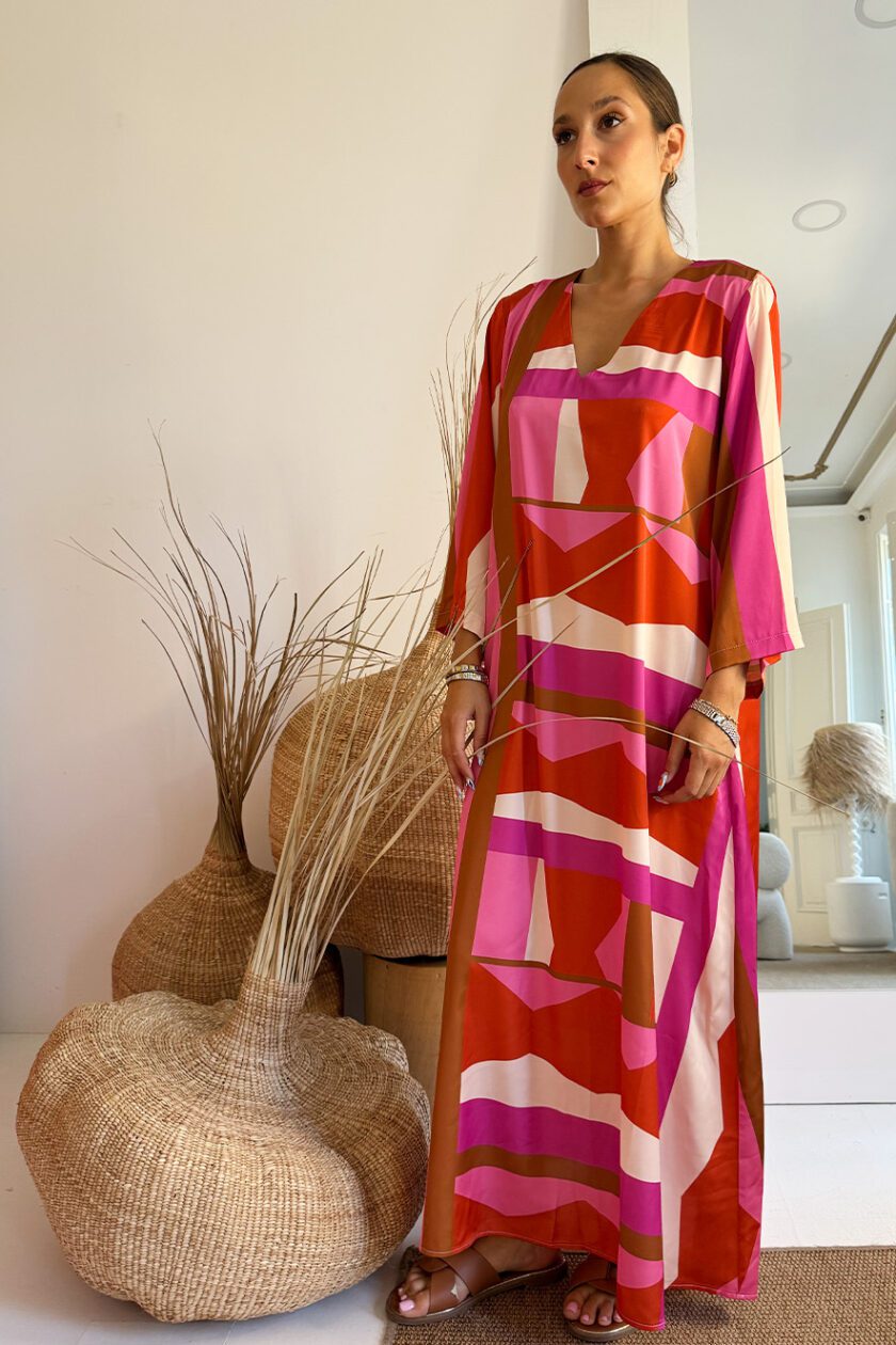 Nema Καφτάνι Σατέν Μακρύ Μανίκι Pink Brown - Image 3