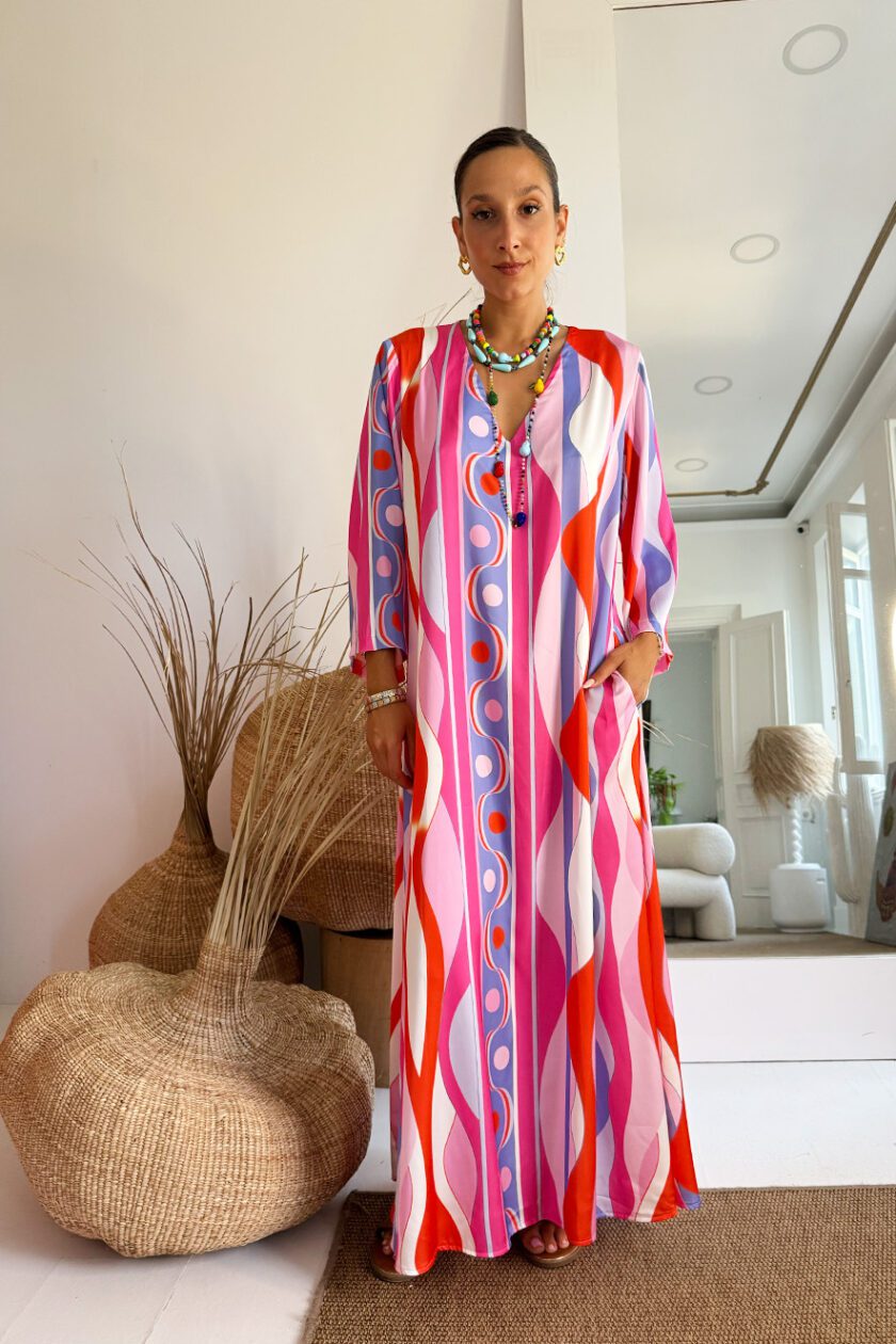 Nema Satin Kaftan Long Sleeve Pink/Purple