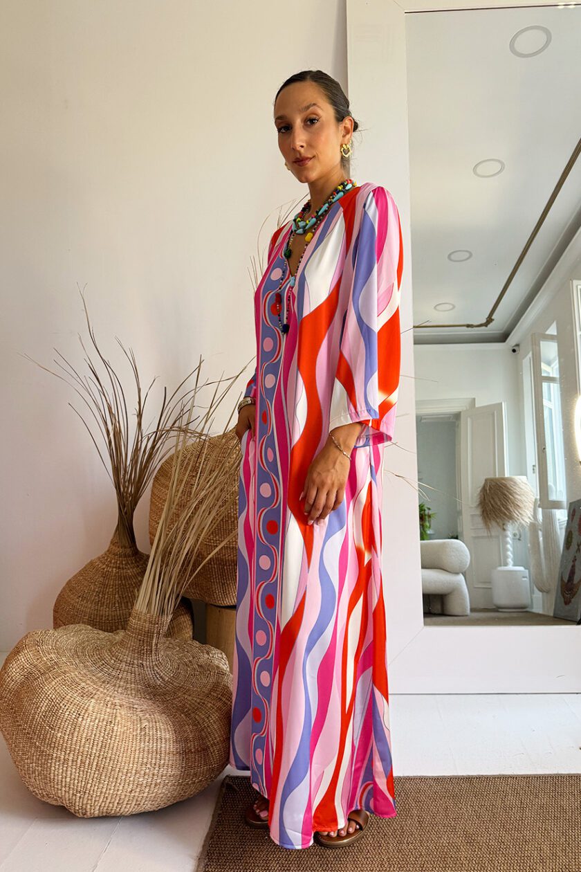Nema Satin Kaftan Long Sleeve Pink/Purple - Image 2